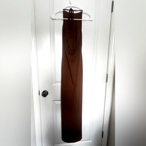 zara brown halter neck maxi dress with leg slit